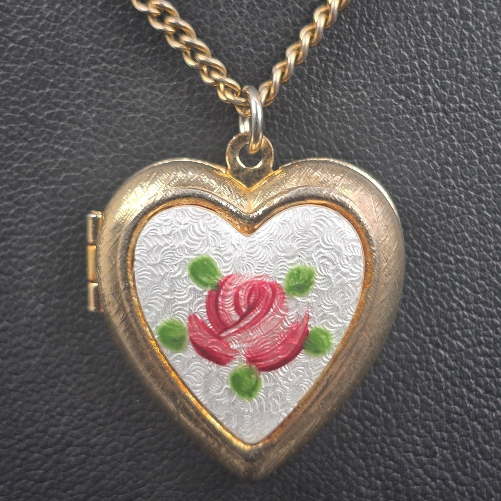 Vintage Sarah Coventry Gold-Tone Heart Locket Rose Guilloche Enamel Necklace 18"